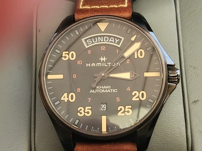 Hamilton Khaki Aviation Men's  Leather Watch with Leather Band - H64605531