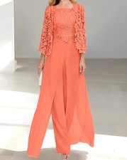 Mother of Bride Groom Pants Suit Chiffon Coral Lace Wedding 3-Pc Outfit S NWT