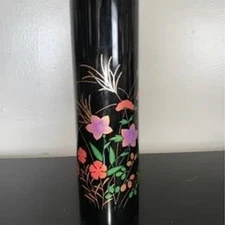 Japanese Echizen Lacquer Cylindrical Vase Black Floral Design Made in Japan