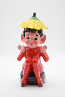 Vintage Pixie Elf Figurine Japan Brinn's Christmas Seated Flower On Head 1950s