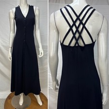 Kypreos Navy Criss Cross Back Vintage Button Front Stretchy Maxi Long Dress M