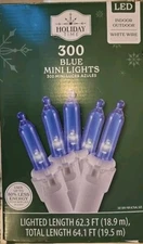 New- Holiday Time 300 Blue Mini LED Lights w White Wire- For Indoor/Outdoor Use