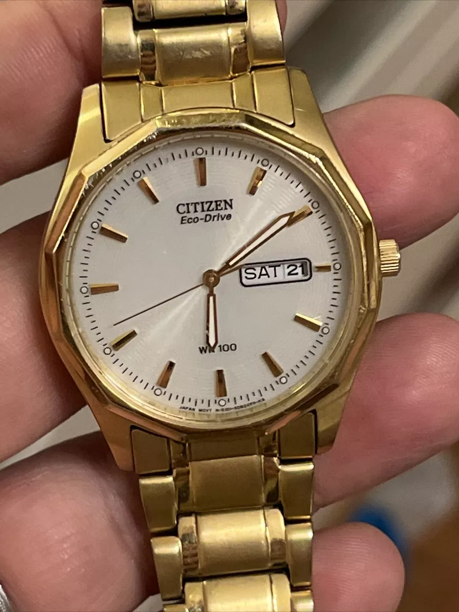 Men s Citizen Eco Drive E101 S053421 WR 100M Gold Tone Day Date Watch