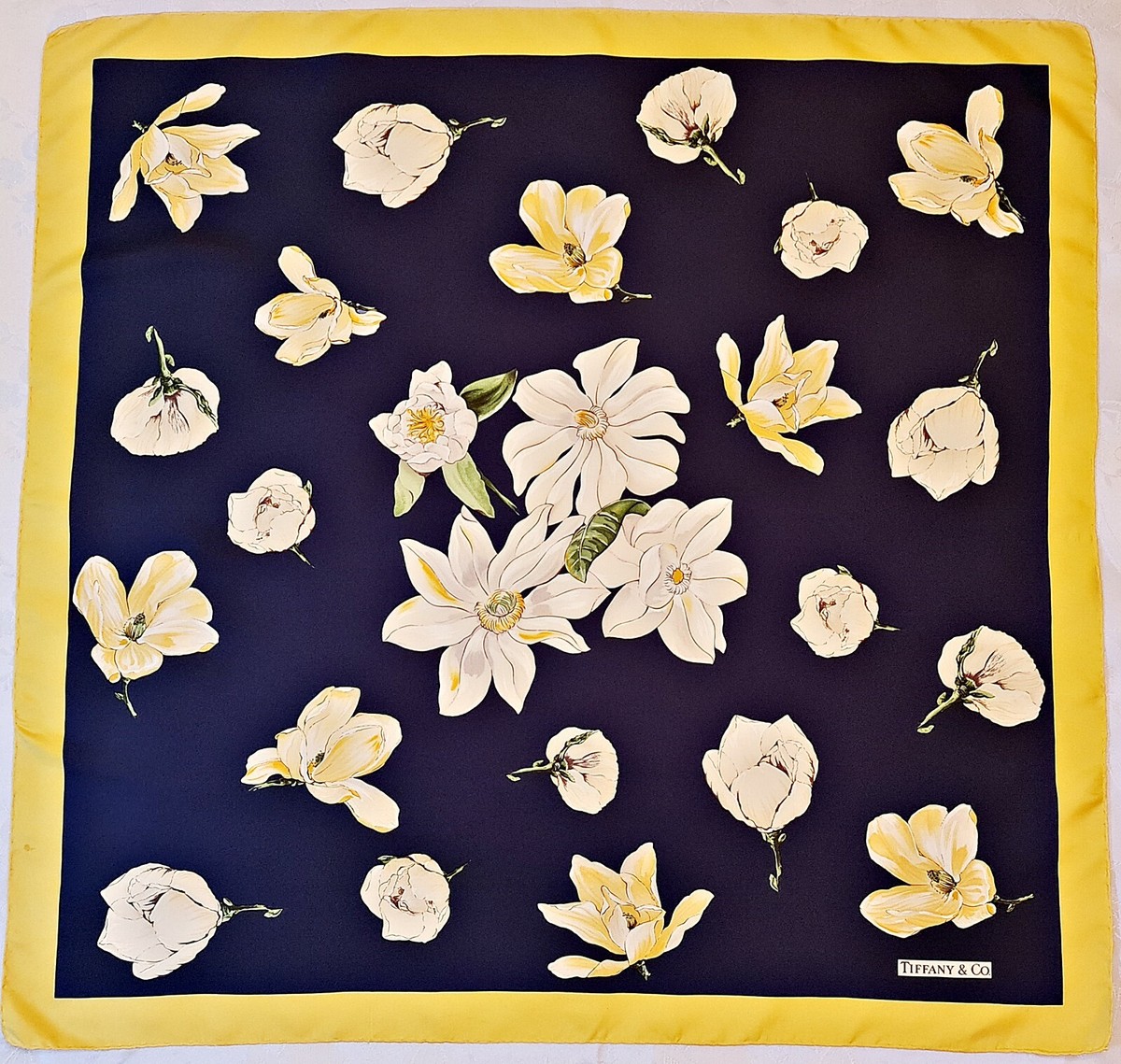 SCARF VINTAGE AUTHENTIC TIFFANY&CO LOGO FLORAL ART MAGNOLIA SILK 