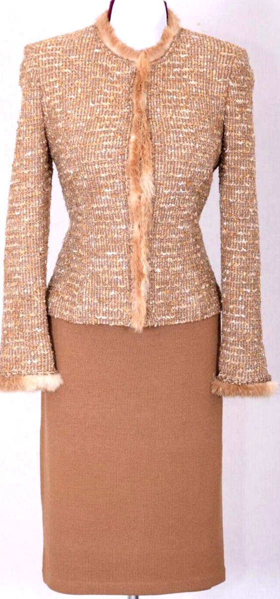 Costume St John - Veste Taille 8 + Jupe Taille 10, Marron Avec Détails Cuir - État Très Correct