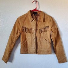 Monki Leather Fringe Jacket Women's Xxs Camel Tan Snap Pockets Lined Textured