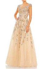 New Mac Duggal Embellished Sequin Cap Sleeve Nude Color Gown Size 16