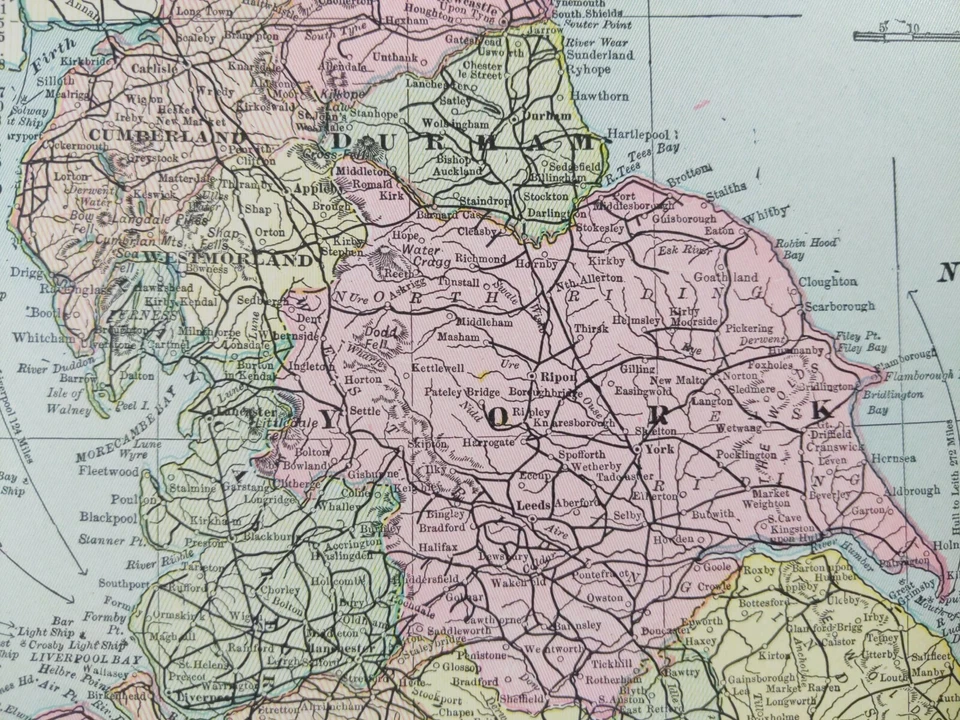 Mapa vintage 1902 INGLATERRA Y GALES 11"x14" ~ antiguo original LEEDS LINCOLN Foto 4 de 4