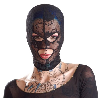 Schwarze, enganliegende Kopfmaske von Bad Kitty mit Öffnungen für Mund 