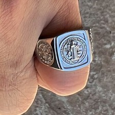 Men's Stainless Steel St Benedict Square Ring Medalla De San Benito Anillo Acero