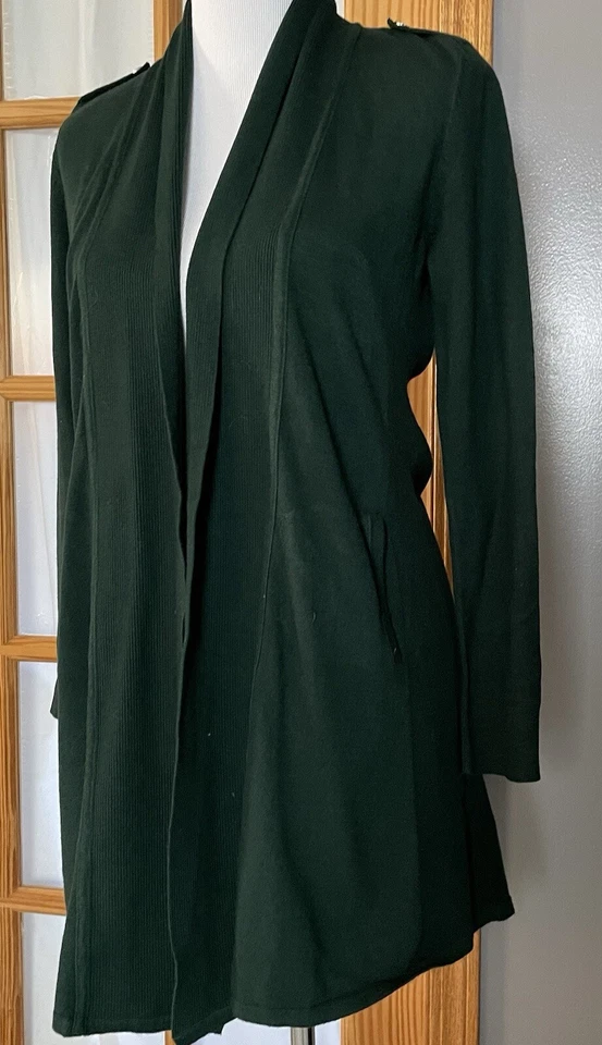 WHBM Open Front Cardigan Womens S Green Pockets Shoulder Strap Strap Lagenlook - Image 2 of 4