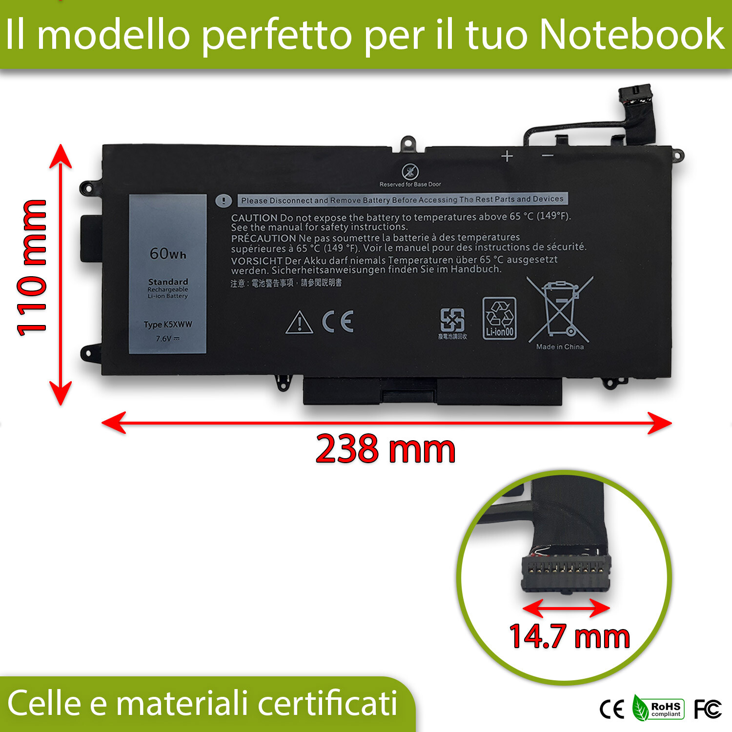 Batteria compatibile con Dell Latitude 7390 2-in-1 WT07F M3TWX EMEA 7890mAh - 2