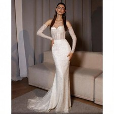 Off Shoulder Beaded Sequin Tulle Mermaid Wedding Dress Long Sleeves Bride Gown