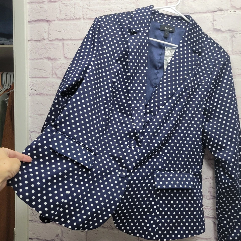 Novo *BLAW Blazer Feminino FLAW Tórrido Azul Marinho Branco Bolinhas 2X Escritório de Negócios Vestido - Imagem 4 de 4