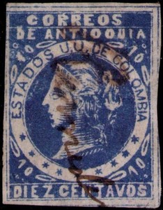 COLOMBIA - ANTIOQUIA - 1882 - 10c LAID PAPER STAMP - REMEDIOS - Sc 34 - $ 150+