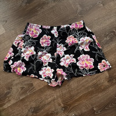 Roxy Women's Salton Lake Black Pink Flowers High Waisted Shorts Size L Rayon