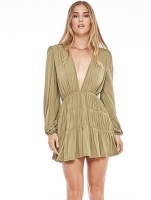 Indah Body Francesca Mini Dress Size 2 Medium Mocha Ruched Long Sleeve $136