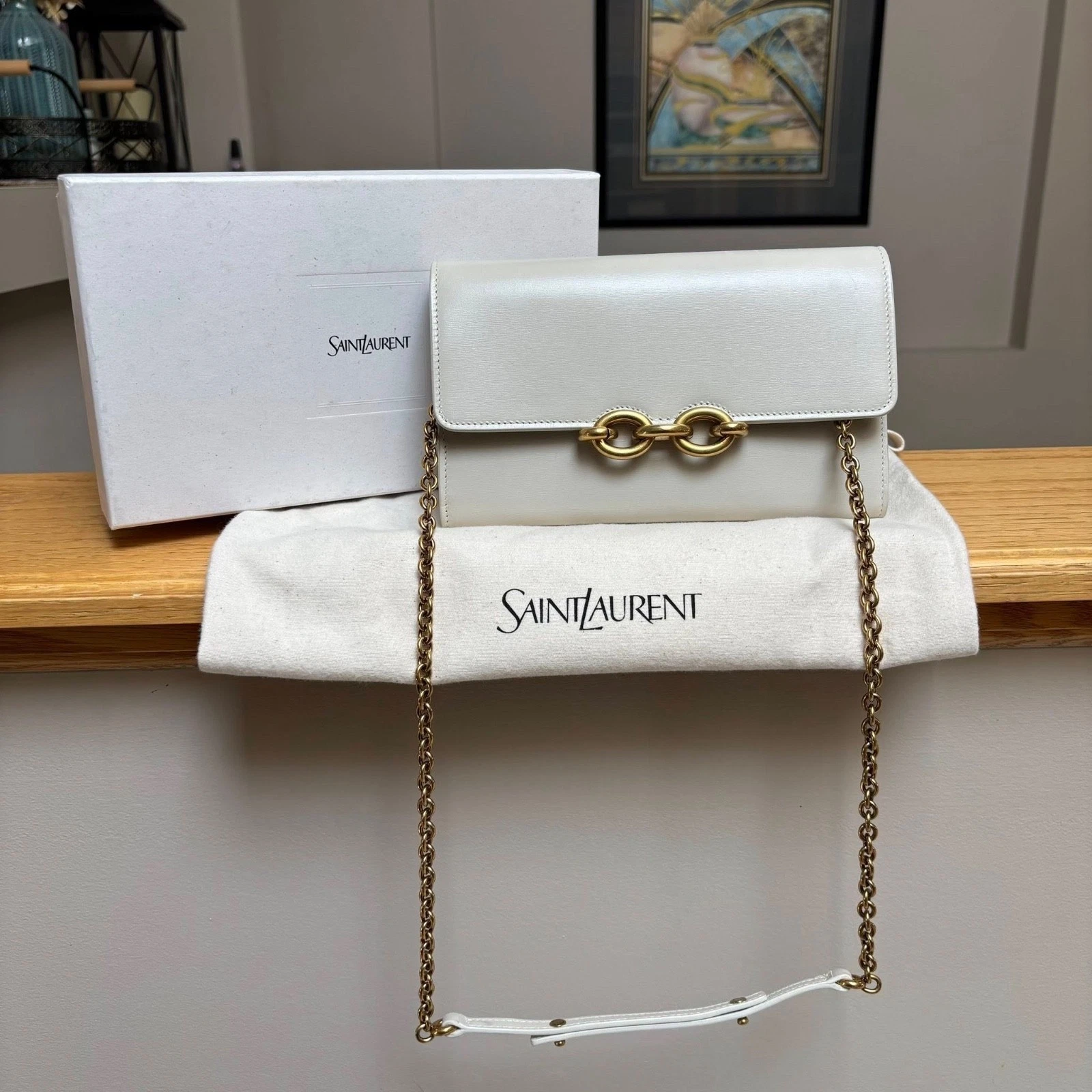 Saint Laurent — Saint Laurent White & Gold Le Maillon Smooth Leather YSL Mini Bag - MSRP: $1590