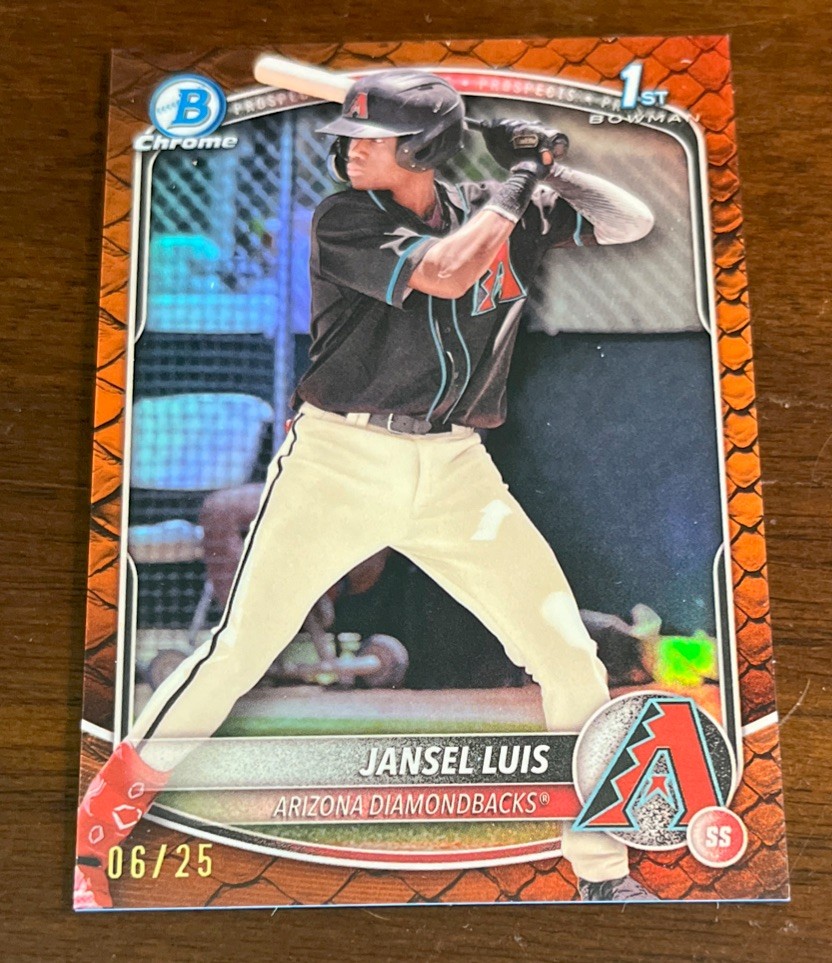 Jansel Luis 2025 Topps 1st Bowman Chrome Prospects Reptilian Orange #6/25 DBacks