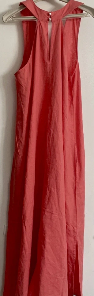 Vestido maxi novo com etiquetas Calypso St. Barth linho gola V pérola halter tamanho G pêssego/curral - Imagem 4 de 4