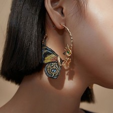 Hypoallergenic Embroidered Butterfly Hoop Earrings Vintage Boho Gold Earrings