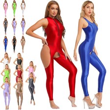Women's Glossy One Piece Sleeveless Mock Neck Front Zip Bodysuit Cutout Jumpsuit