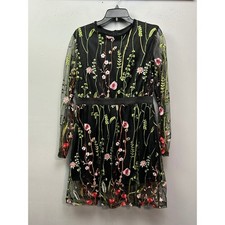 Sheer Embroidered Floral Black Long Sleeve Short Dress Womens Large Sexy Garden