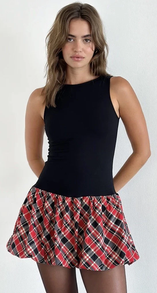samana babydoll mini dress in check dark brown Women's Samaria Babydoll Mini Dress Tobacco Brown XS/S/M/L/Customize MEAN  BLVD main image 0