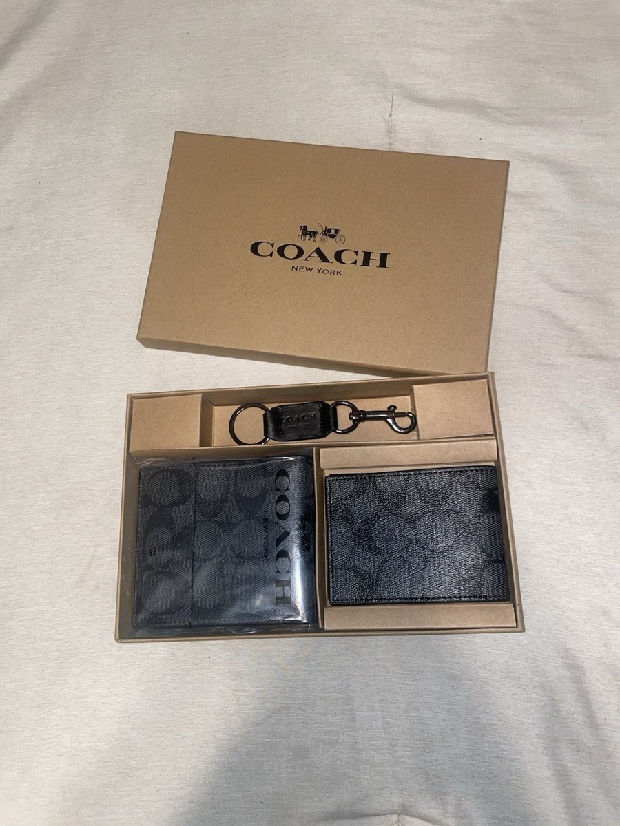 Coach Men's 3-in-1 Wallet Set Signature Black/Black/Oxblood NWT