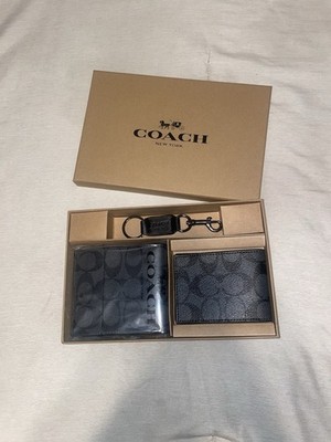 Coach Men's 3-in-1 Wallet Set Signature Black/Black/Oxblood NWT Box Included New