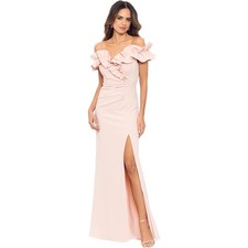 Xscape Blush Pink Long Stretch Scuba Crepe Ruffled Ruched Slit Formal Dress 14