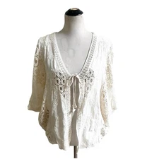 Magnolia Boutique Crochet Knit Kimono Cream Size M/L  Tie Front Bohemian Festive