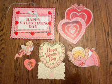 VTG Set of 6 Valentines Day Die Cut Decorations Cupid Hearts