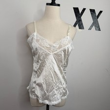 Vintage 80s White Satin Floral Lace Trim Adjustable Strap Fitted Camisole M