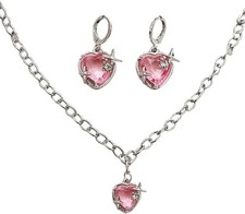Silver Tone Pink Crystal Open Heart Necklace and Earrings Set