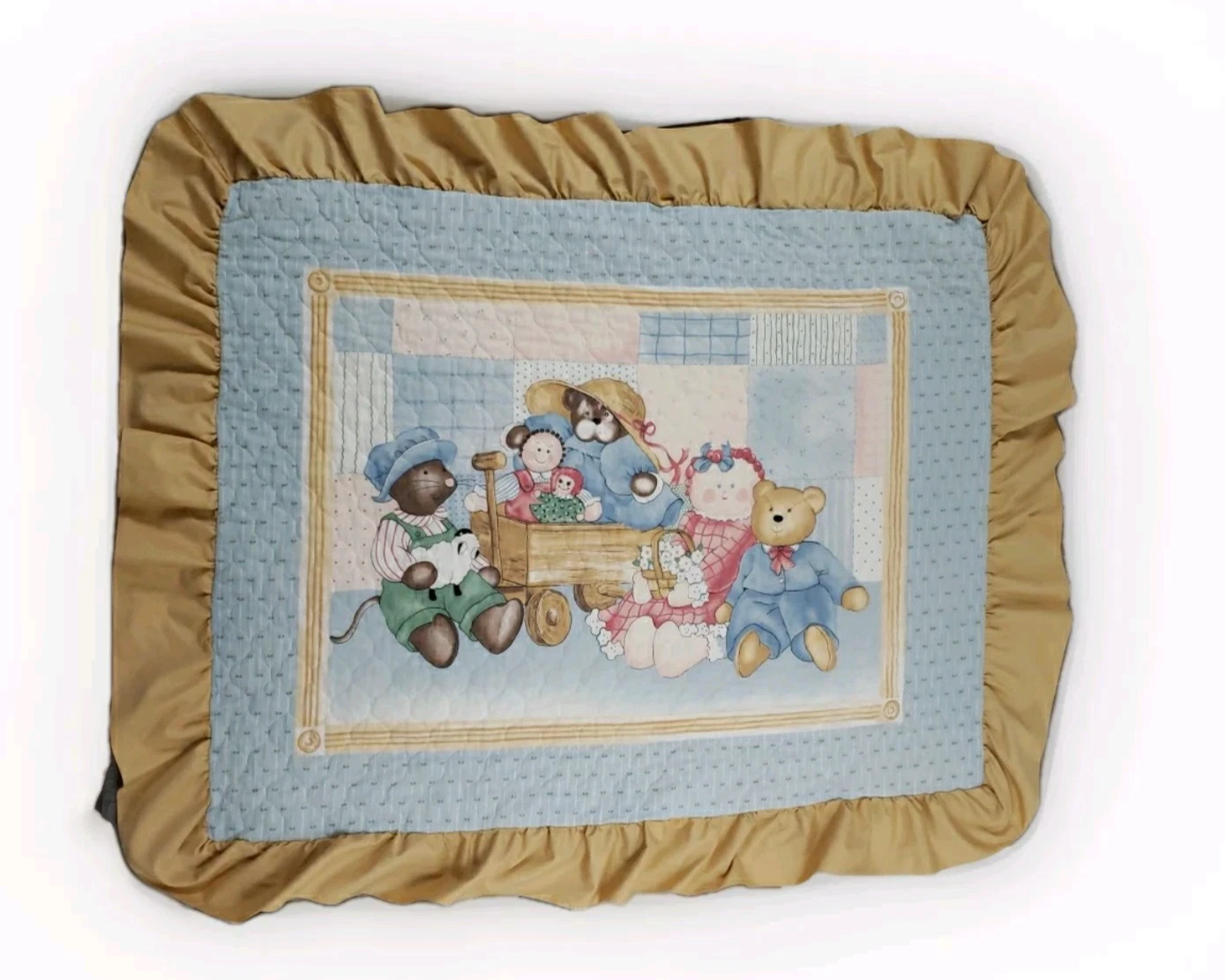 Crib Child Comforter 39x50 & Bed Ruffle Skirt Bear Raggedy Ann 90's Cottage