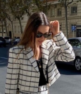 ZARA NWT SS22 PLAID Tweed CROPPED JACKET + Shorts Set BLACK-WHITE