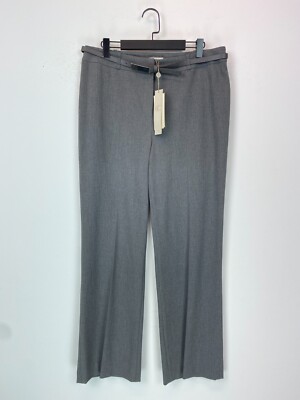 CC Grey Plain Smart Trousers Belted Straight Leg Mid Rise Tailored UK 14 NEW