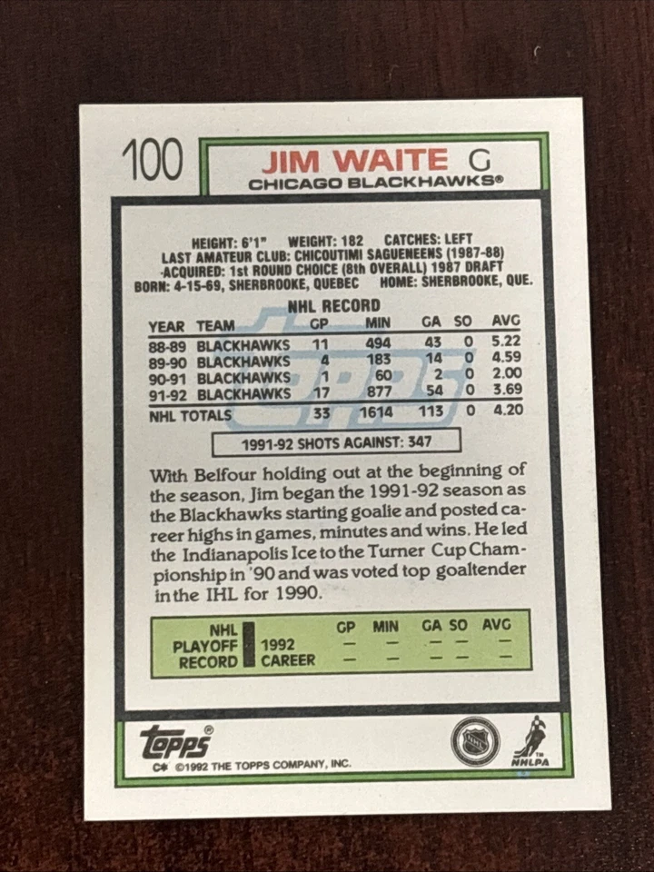 1992-93 Topps # 100 Jim Waite AUTO Chicago Blackhawks AUTOGRAPH Signed - Image 2 of 2