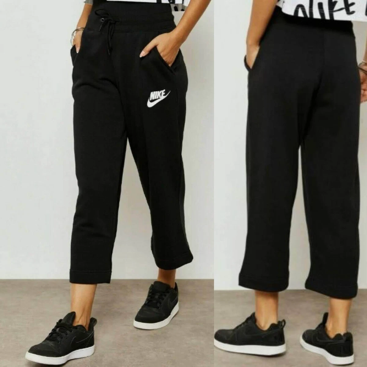 Nike Rally Sport Casual Sneaker Pants Black Wide Leg High Rise Athleisure M