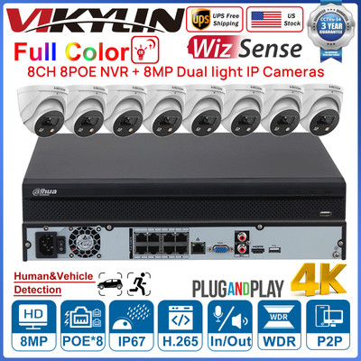 VIKYLIN 8CH POE NVR 4K WizSense Color IR TiOC2.0 IP Camera Mic CCTV System Lot