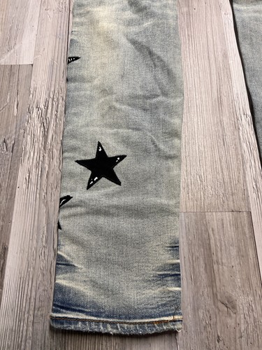 AMIRI Men's Distressed Bandana Star Patch Jeans Size 36 Stonewash Whiskers - Picture 6 of 14