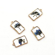 4PCS Gold Tone Real Dry Flower Resin Rectangle Charm Pendant Supply GBY218