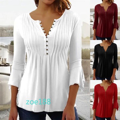 Womens V Neck Boho Tunic Tops 3/4 Sleeve Casual Loose Blouse Pullover Plus Size