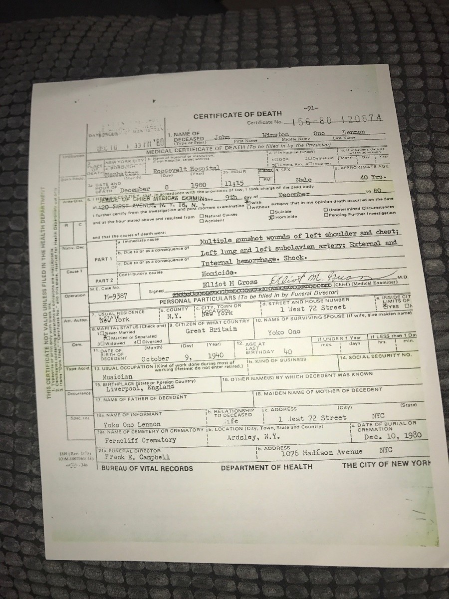 The Beatles John Winston Ono Lennon Celebrity Death Certificate
