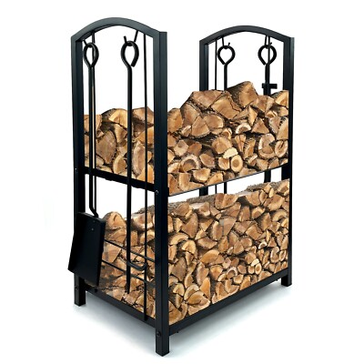 Brennholz 2-stufiges Gestell Holzhalter Holzaufbewahrung mit Haken 4 Werkzeuge schwarz