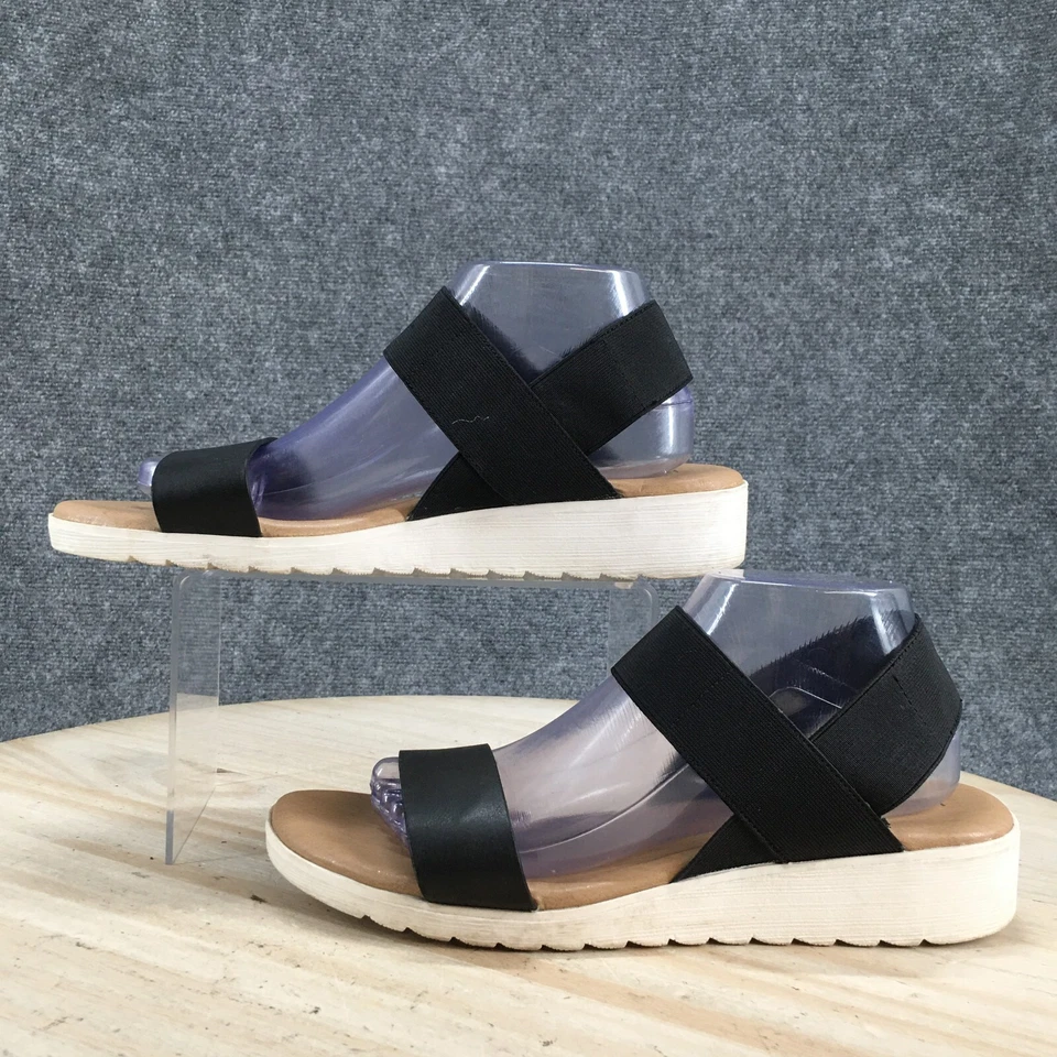 Sandalias Kensie Mujer 10 M Everlee Informales Punta Abierta Cordones Tela Negra Cuña Foto 2 de 4