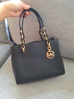 NWT Michael Kors Sofia Saffiano Leather Satchel Handbag  - Black & Gold $348