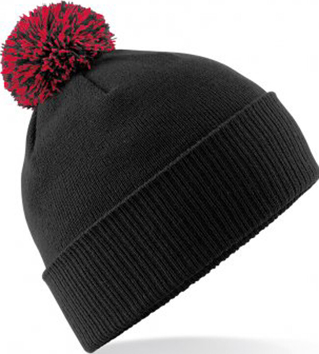 Black/Red Contrast Pom Pom Beanie Hat, Ideal Gift/Present