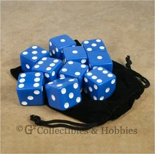 NEW 10 Jumbo 25mm 1 inch Blue Dice & Bag Set 6 Sided D&D RPG Bunco Game Large D6